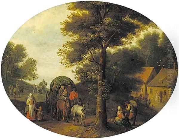 A wooded landscape with travellers in a wagon by a hamlet Oil Painting by Jan Brueghel the Younger