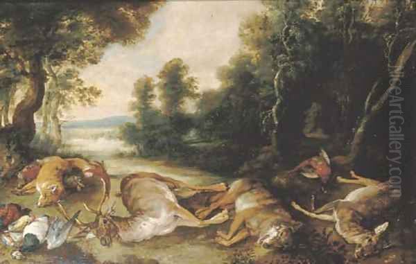 A wooded river landscape with a stag, a wolf, a fawn, a pheasant and other dead game Oil Painting by Jan Brueghel the Younger