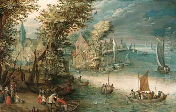 A wooded river landscape with travellers at a landing stage near a town, kaags, rowing boats and a ferry on the river Oil Painting by Jan Brueghel the Younger