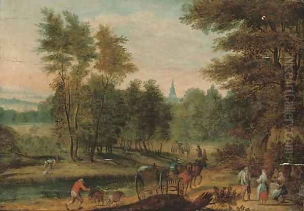 A wooded river landscape with travellers on a track, a church beyond Oil Painting by Jan Brueghel the Younger