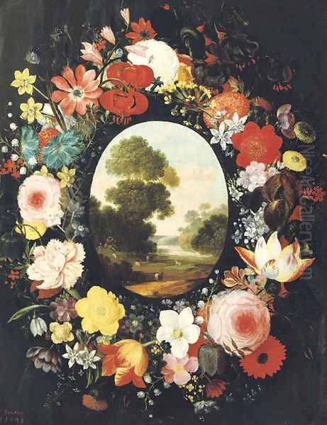 A wreath of roses, tulips, jasmine and other flowers surrounding an oval depicting a landscape Oil Painting by Jan Brueghel the Younger