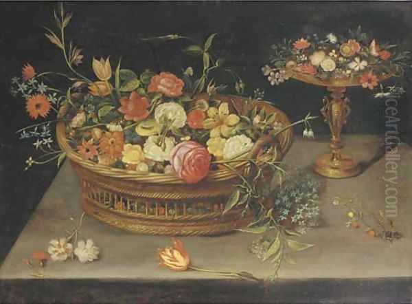 Roses, peonies, tulips, narcissi, carnations, poppies and other flowers in a basket and a gilt tazza, on a table Oil Painting by Jan Brueghel the Younger