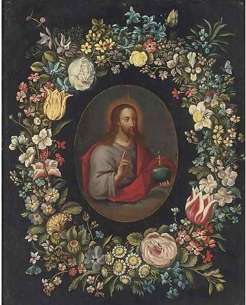 Salvator Mundi, in a floral cartouche Oil Painting by Jan Brueghel the Younger