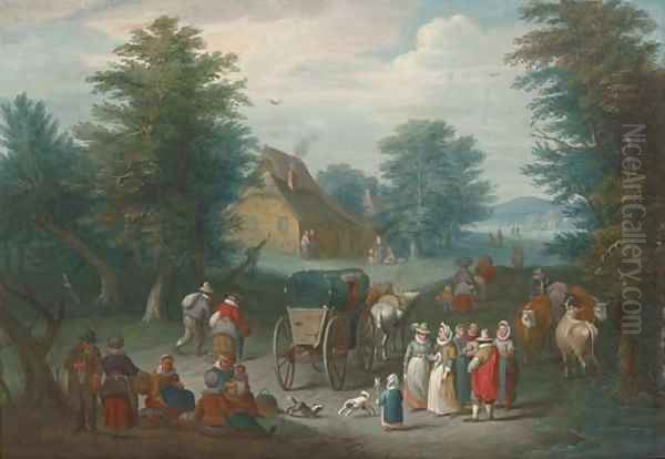 A wooded landscape with villagers by a market Oil Painting by Jan Brueghel the Younger