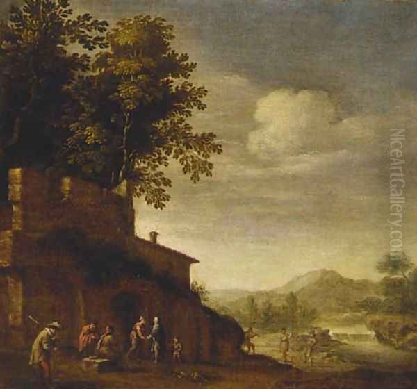 Peasants resting and dancing with a piper before a ruin Oil Painting by Abraham Bloemaert