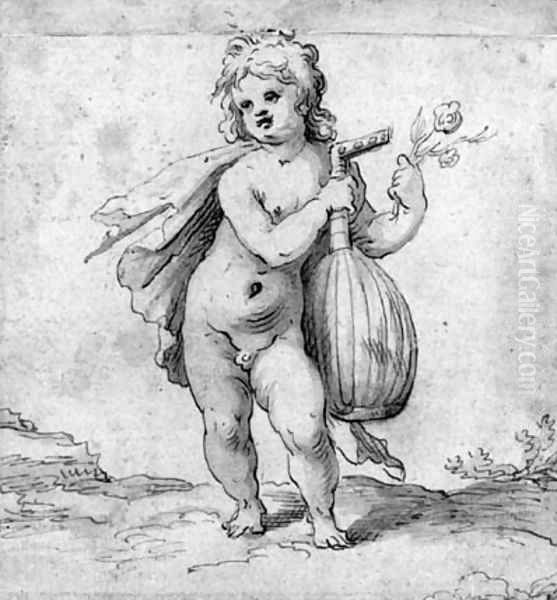 A putto holding a lute and a rose Oil Painting by Abraham Bloemaert