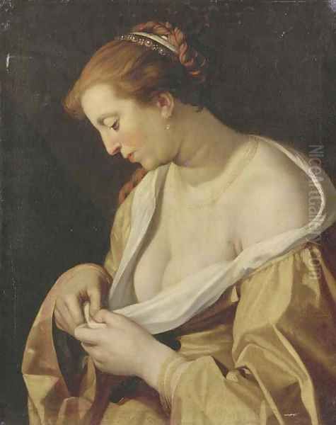 A woman catching flees in her dress Oil Painting by Abraham Bloemaert