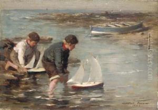 Playing By The Shore Oil Painting by William Mason Brown