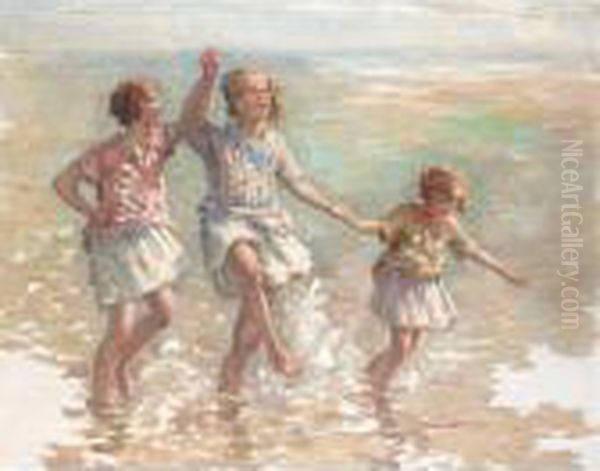 Paddling In The Sea Oil Painting by William Mason Brown