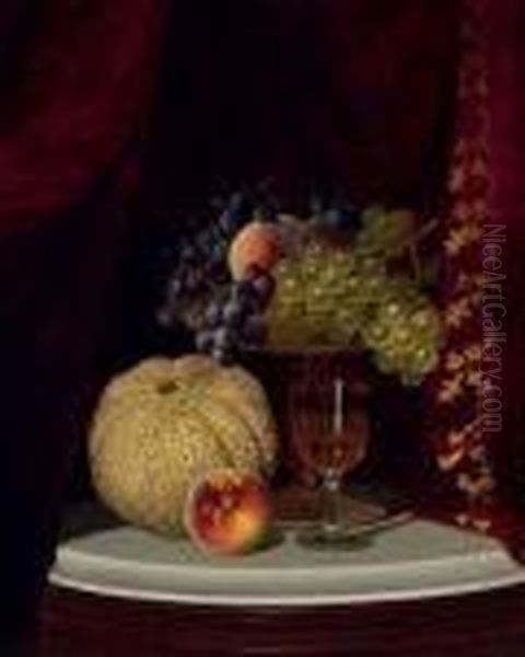 Still Life With Melon, Peach, 
Fruit-filled Compote And Glass Of Wine On A Marble Table Top Oil Painting by William Mason Brown