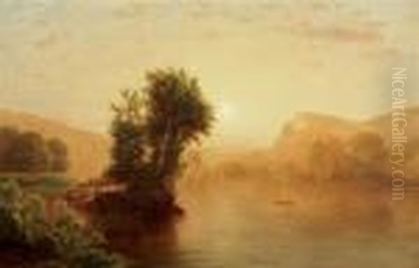 River Scene At Sunset Oil Painting by William Mason Brown