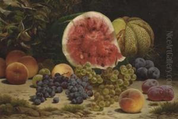 Still Life With Watermelon, Grapes, Peaches And Plums Oil Painting by William Mason Brown