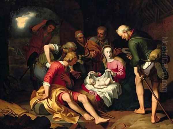 The Adoration of the Shepherds with the Annunciation to the Shepherds beyond Oil Painting by Abraham Bloemaert