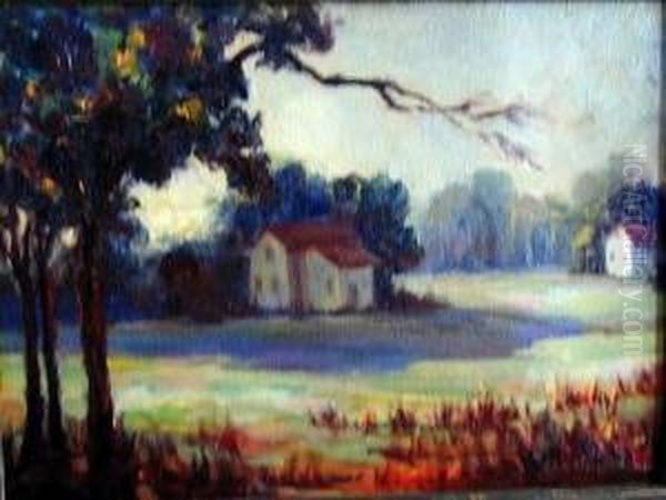 Housesin Pastoral Landscape Oil Painting by George Elmer Browne