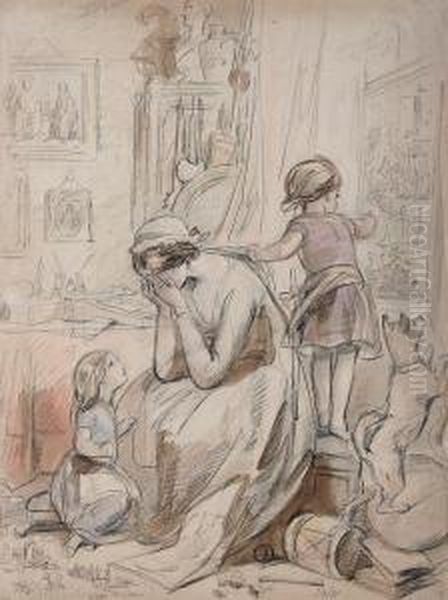 Interior Scene With Grieving Mother, Childrenand Dog Oil Painting by Hablot Knight (Phiz) Brow