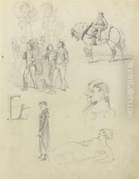 A Sheet Of Sketches Including Figures At A Parade And Onhorseback Oil Painting by Hablot Knight (Phiz) Brow