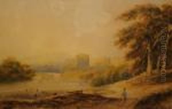 Shepherd Walking Along An Unmade
 Road Beside Woodland With A River Estuary Beyond, Cattle On The Shore 
And A Castle Ruin On A Promontory Overlooking The Water (?atholl Blair 
Area, Tayside), Signed Lower Right With The Wording Ab By Phiz Oil Painting by Hablot Knight (Phiz) Brow