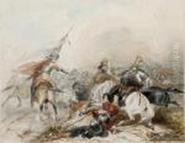 Battle Scene Between Cavaliers And Roundheads Oil Painting by Hablot Knight (Phiz) Brow