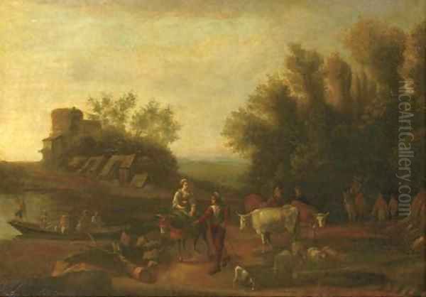 An Italianate landscape with travellers and their flocks on a path Oil Painting by Nicolaes Berchem