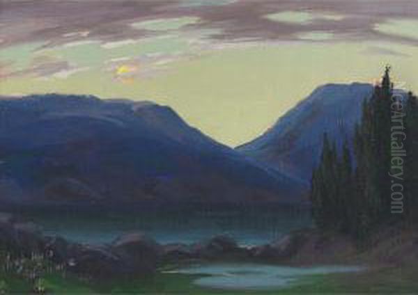 Sundown At Tadousac, Quebec; The Rising Moon At Tadousac, Quebec Oil Painting by Joseph Archibald Browne