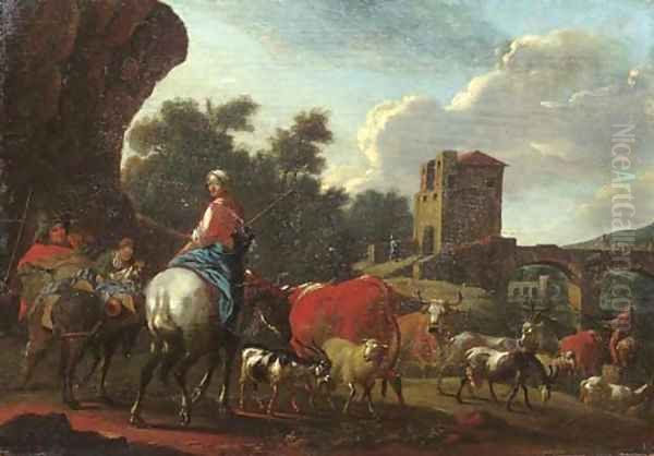 Cowherds with cattle, sheep and goats crossing a river by a bridge in an Italianate landscape Oil Painting by Nicolaes Berchem