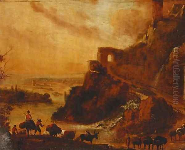 Drovers with cattle in a rocky Italianate landscape Oil Painting by Nicolaes Berchem