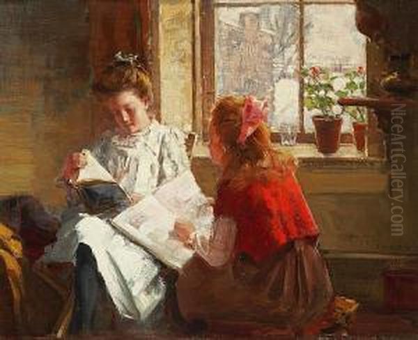 Reading, An Interior Scene With Two Girls Reading By A Window Oil Painting by Peleg Franklin Brownell