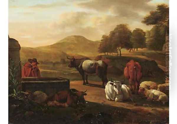 A shepherd drinking water from a fountain, cattle and sheep nearby, in a mountainous landscape Oil Painting by Nicolaes Berchem