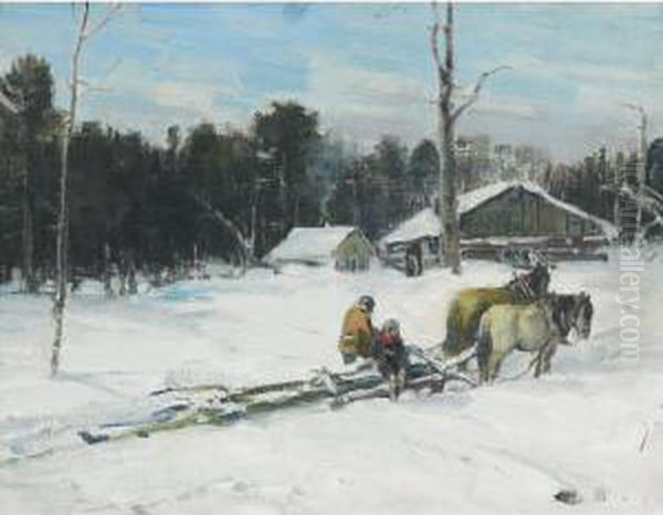 Logging Team, Winter Oil Painting by Peleg Franklin Brownell