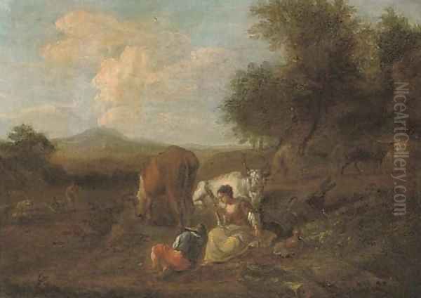 A wooded landscape with figures and cattle at rest, a ploughman beyond Oil Painting by Nicolaes Berchem