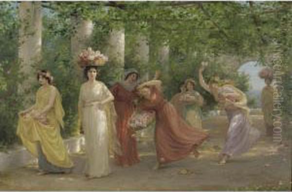 Maidens And Roses Oil Painting by Jennie Augusta Brownscombe