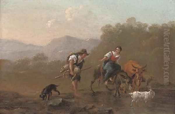 A drover and a shepherdess fording a river Oil Painting by Nicolaes Berchem