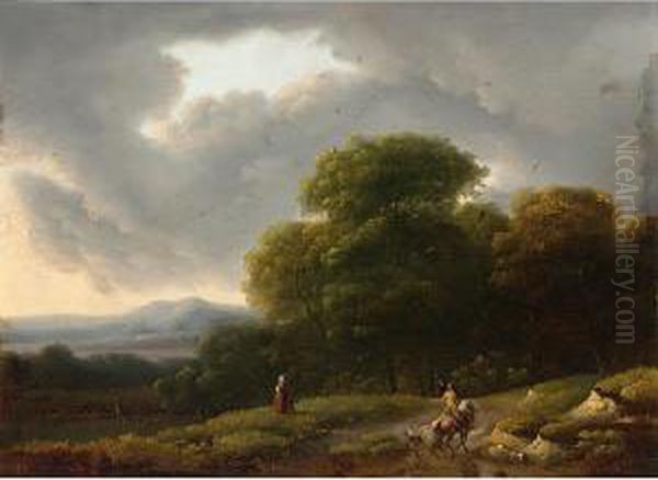 A Horseman On A Country Road And Figures In The Fields by Lazare Bruandet