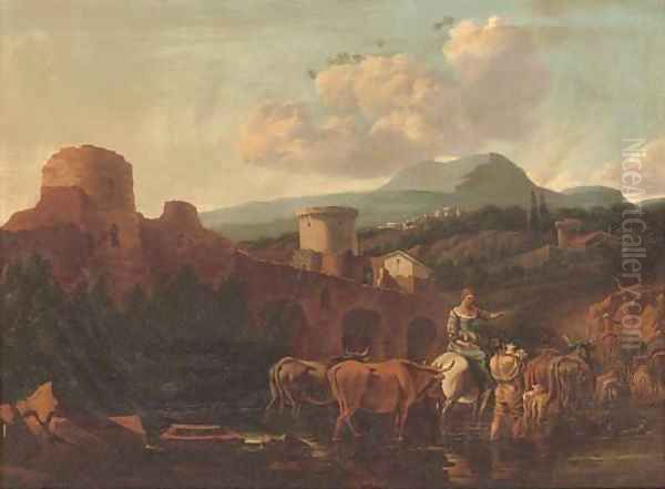 A landscape with drovers and their cattle fording a river Oil Painting by Nicolaes Berchem