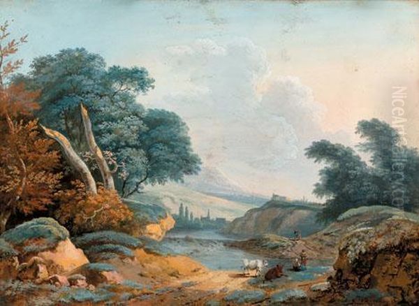 Arcadian Landscape With Figures And Cattle Oil Painting by Lazare Bruandet