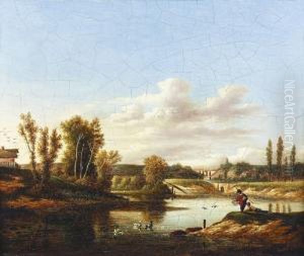 Landschaft Mit Zwei Anglern An Einem Teich. Oil Painting by Lazare Bruandet