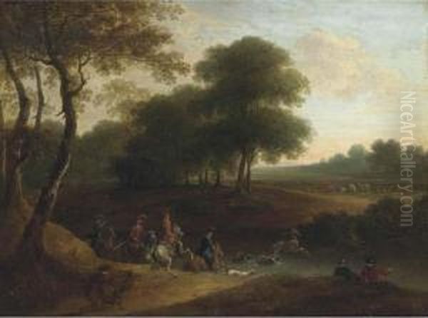 A Stag Hunt In A Wooded Landscape Oil Painting by Lazare Bruandet