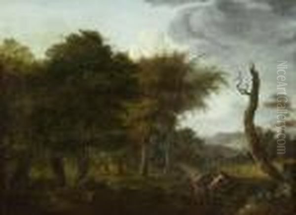 Landscape With Figures, Horse And Dog Oil Painting by Lazare Bruandet