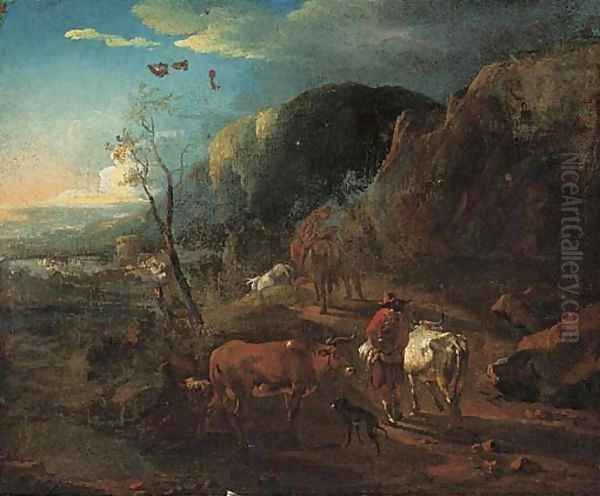 A mountain path with cattle and drovers Oil Painting by Nicolaes Berchem