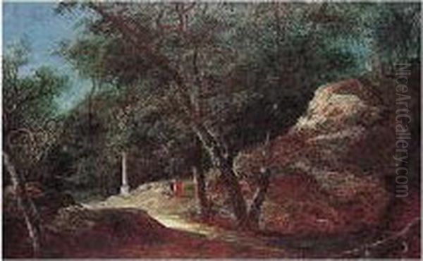 A Wooded Landscape With Figures In A Clearing By A Monument by Lazare Bruandet