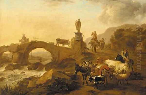 A mountainous landscape with drovers and their cattle crossing a bridge Oil Painting by Nicolaes Berchem