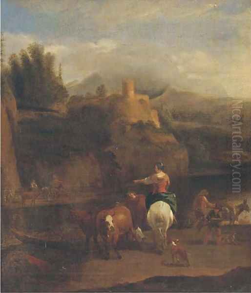 A river landscape with a drover, his cattle and other figures Oil Painting by Nicolaes Berchem