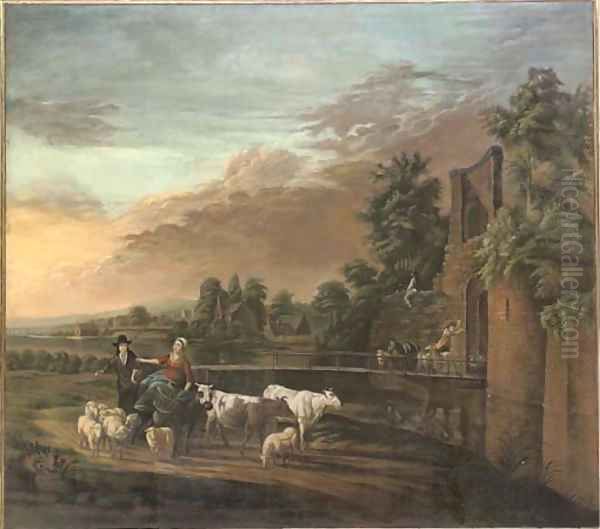 A river landscape with a shepherd and shepherdess on a track with their flock and cattle Oil Painting by Nicolaes Berchem