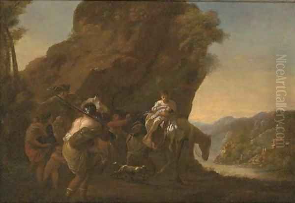 A rocky river landscape with travellers in the foreground Oil Painting by Nicolaes Berchem