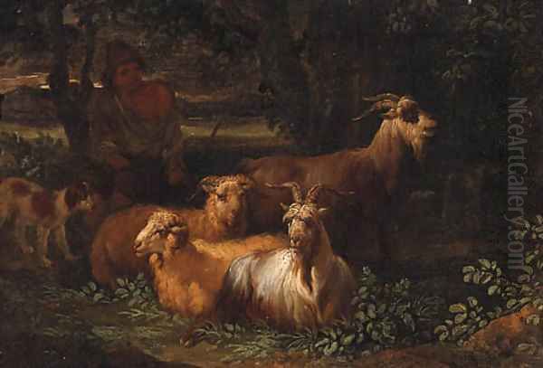 A Shepherd with Livestock in a wooded Landscape Oil Painting by Nicolaes Berchem