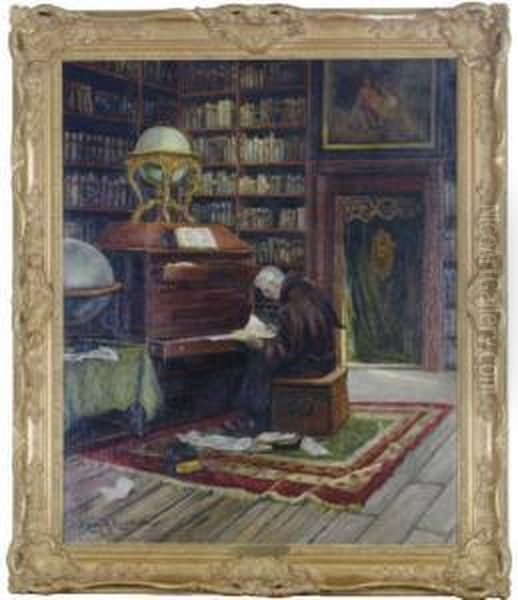 A Monk In A Library Oil Painting by Lajos Bruck