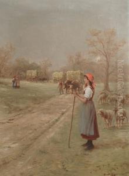 The Shepherdess Oil Painting by Lajos Bruck