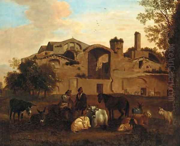 An Italianate landscape with shepherds and livestock before an Italianate town Oil Painting by Nicolaes Berchem