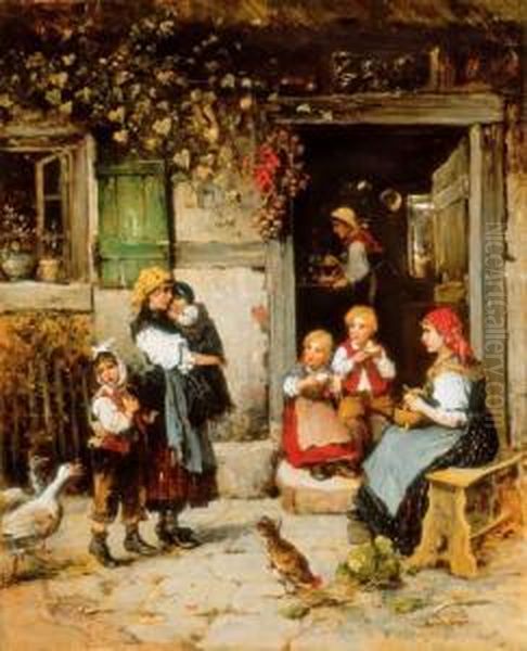 Afternoon Meal Oil Painting by Lajos Bruck