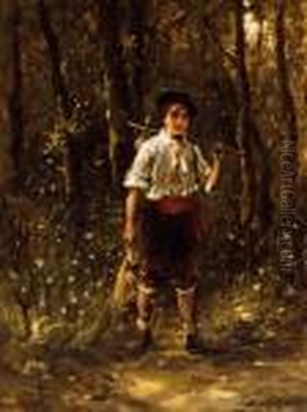 Little Boy In The Wood Oil Painting by Lajos Bruck